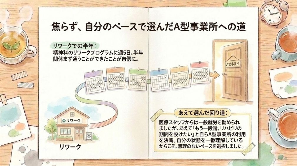 A型の利用を決めたのは、リワークに半年通えたこと