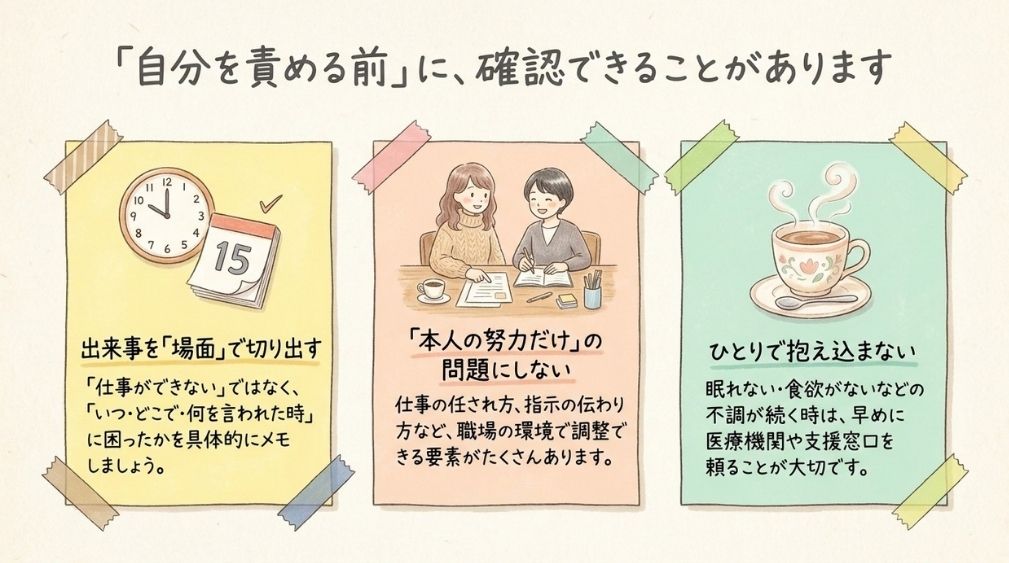 「仕事が続かない」と感じたとき、まず整理したい3つのこと(場面で書き出す・努力だけの問題にしない・抱え込まない)