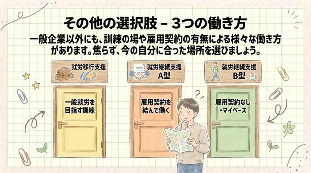 就労移行支援、就労継続支援A型、就労継続支援B型の3つの働き方