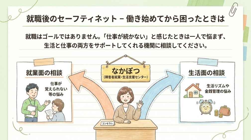 障害者就業・生活支援センター(なかぽつ)が、就業面と生活面の相談に応じるイメージ