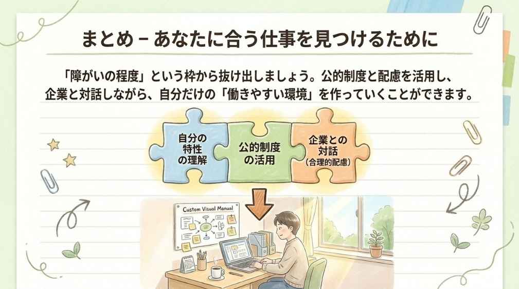 自分の特性の理解、公的制度の活用、企業との対話を組み合わせるイメージ