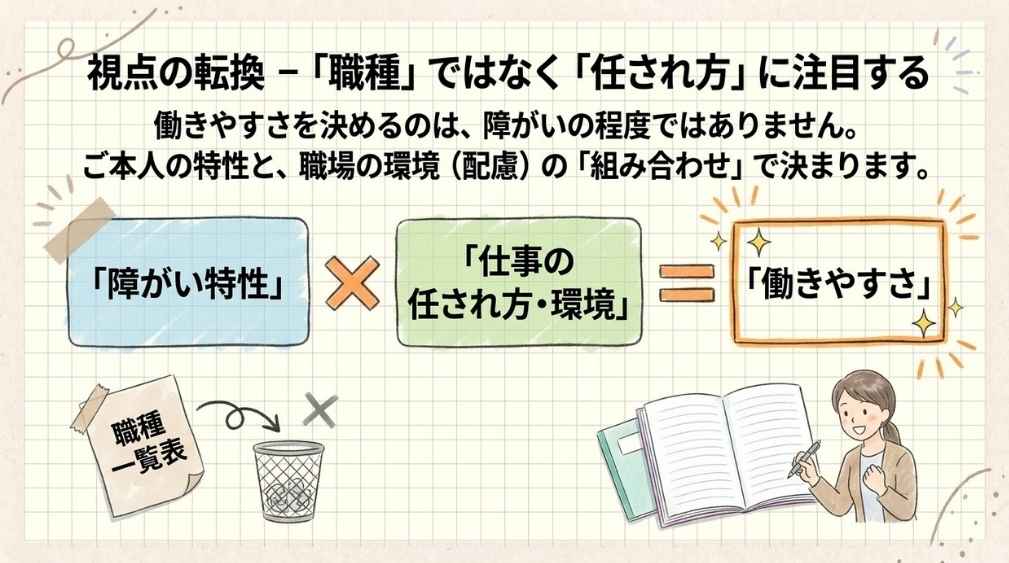 障がい特性と、仕事の任され方・環境の組み合わせで働きやすさが決まることを示す図