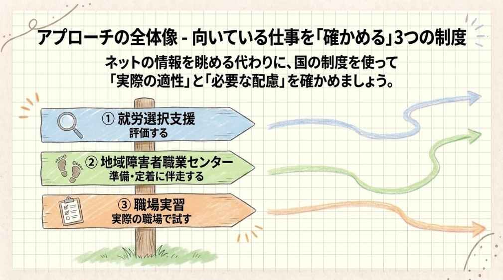 向いている仕事を確かめる3つの方法。就労選択支援、地域障害者職業センター、職場実習